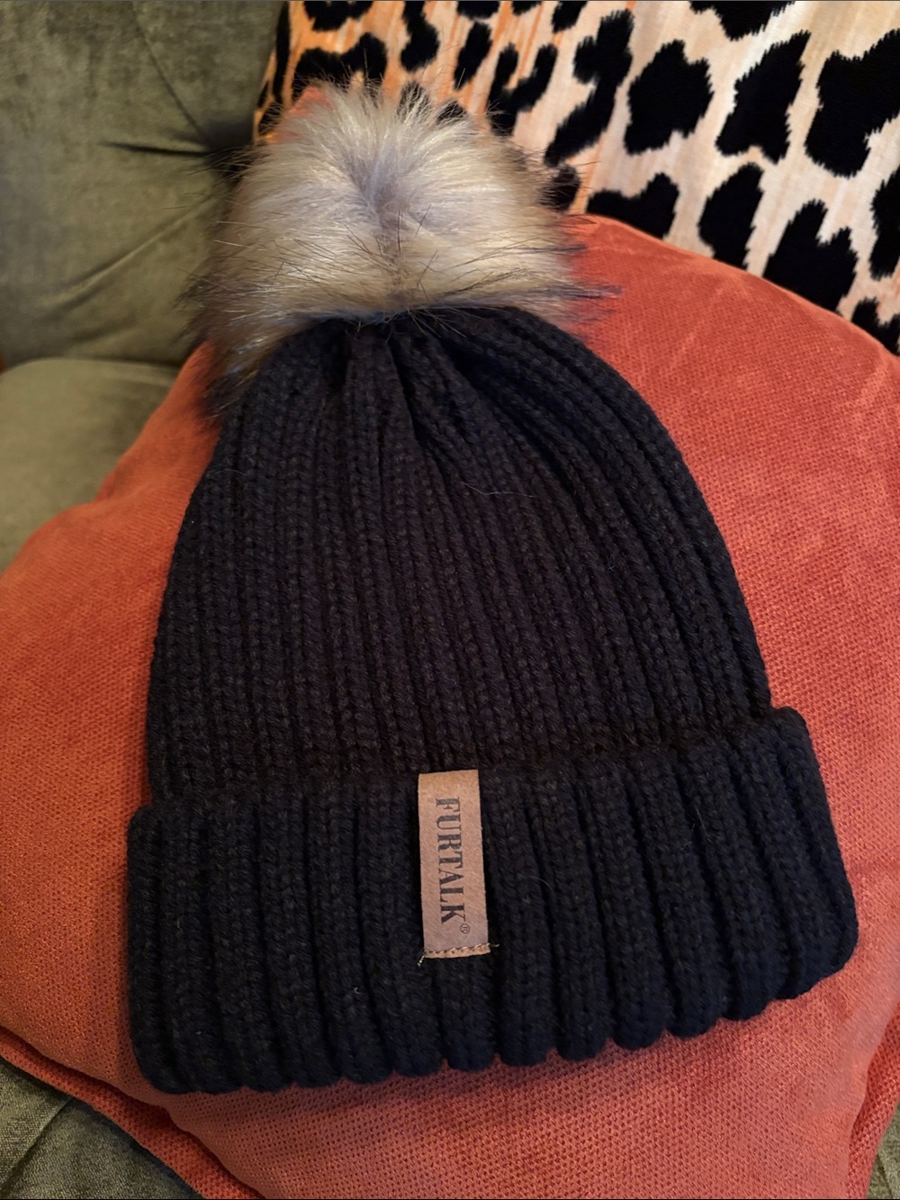 Furtalk Black Knit Beanie with Faux-Fur Pom